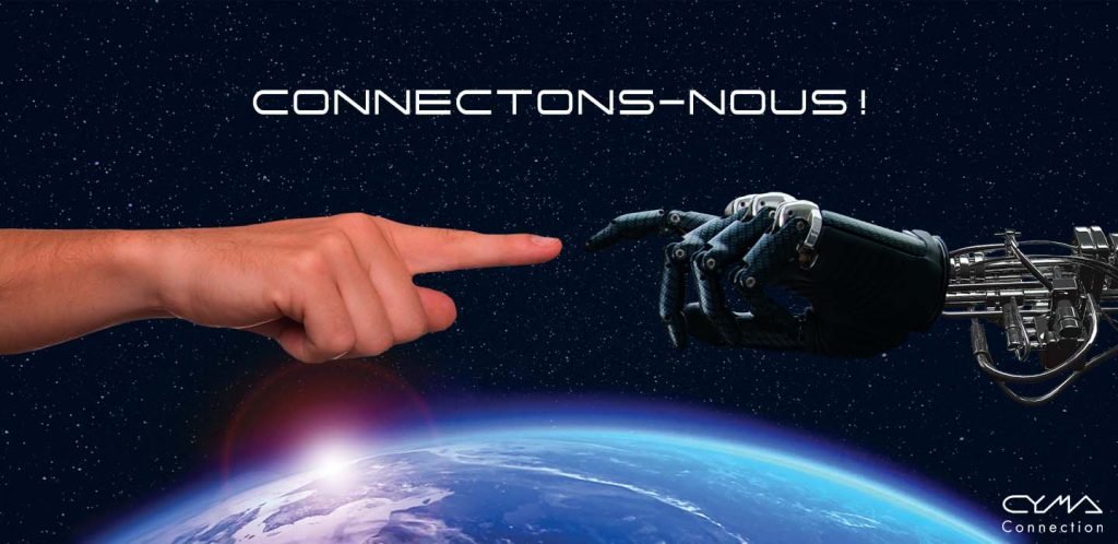 Visual "Connect us" with a robotic hand and a human hand beyond Earth planet.