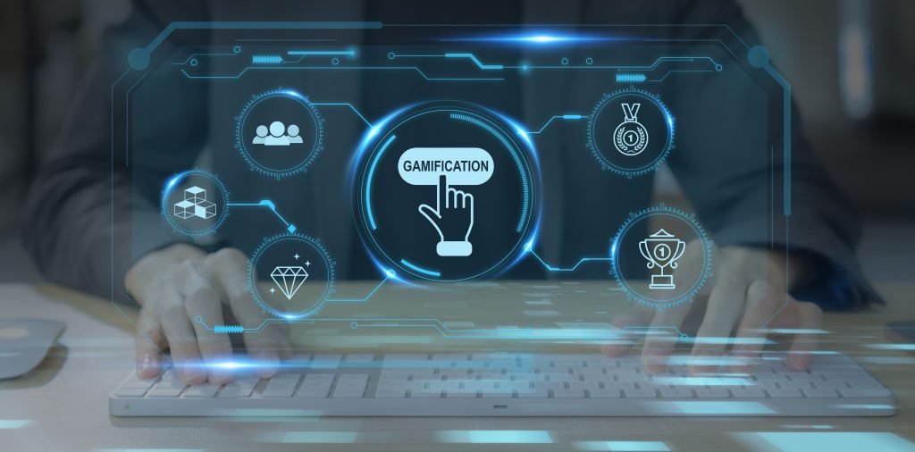 Gamification, game design concept. Using game mechanics points, levels, rewards to engage and motivate individuals to achieve goals. Fun and competition, increasing engagement, improving learning.